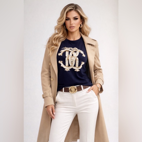 Roberto Cavalli Navy RC Monogram Logo Stretch T Shirt M Italy Baroque Graphic - Picture 2 of 14